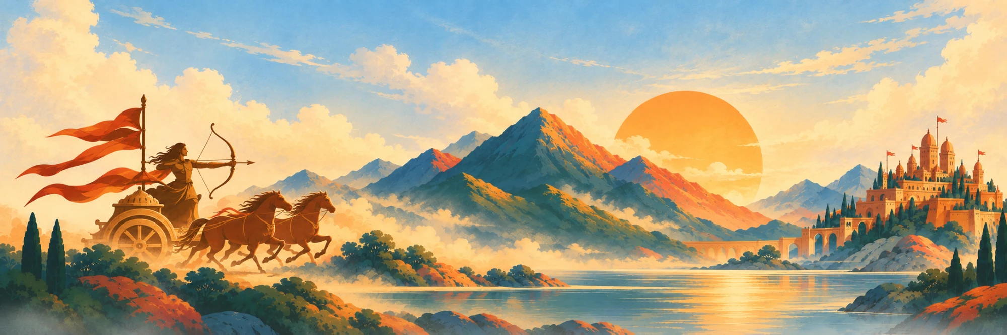 An archer on a horse-drawn chariot races through morning mist beside a lake, with mountains, a rising sun and a hilltop palace beyond