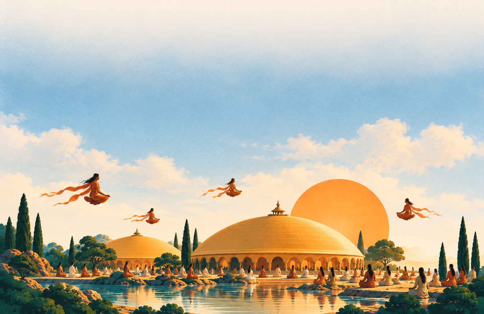 Golden domed meditation halls beside a lake under a blue sky and clouds, with people meditating along the shore and figures floating above