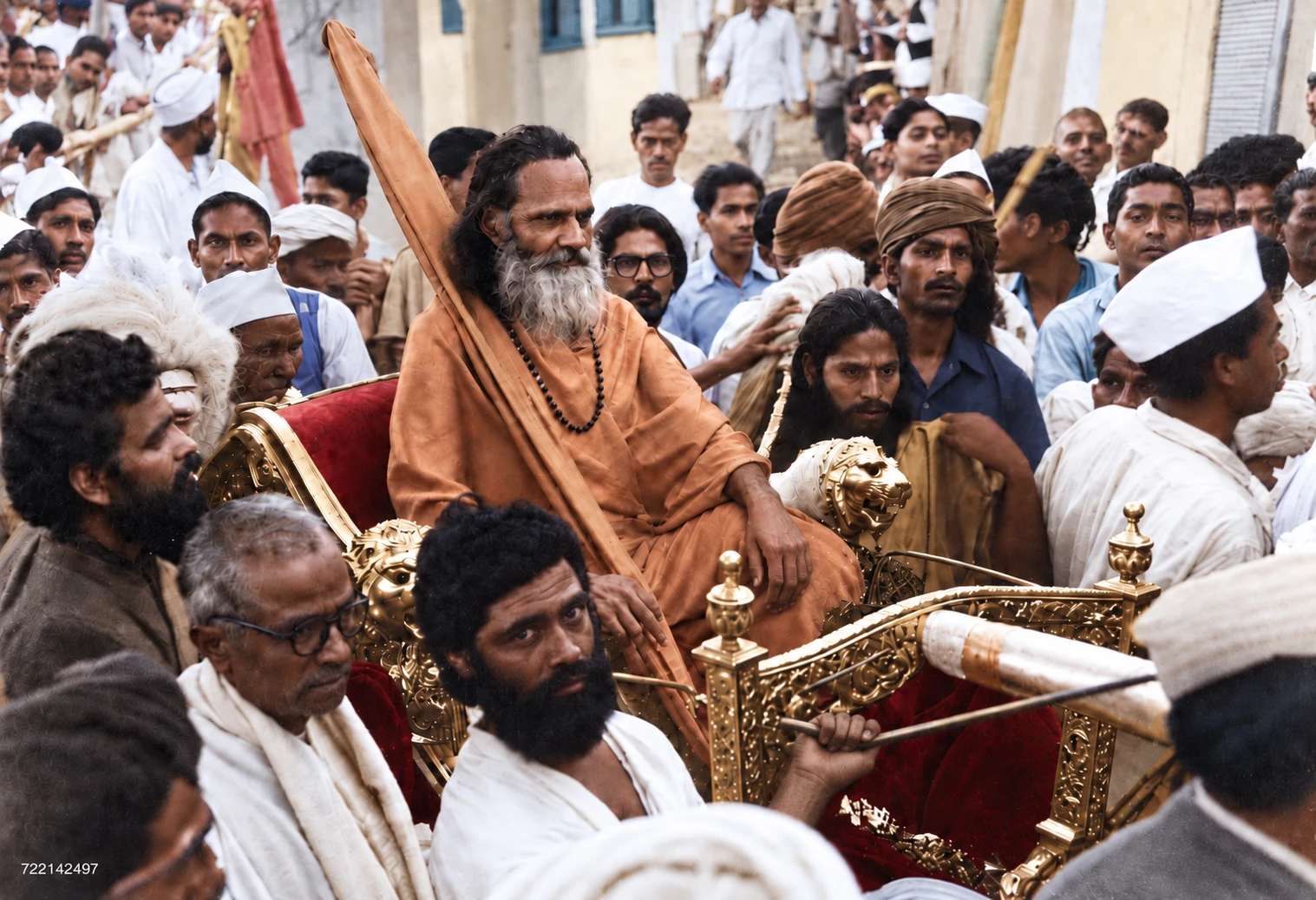 Brahmananda Saraswati seated on a gilded palanquin, carried through a crowd